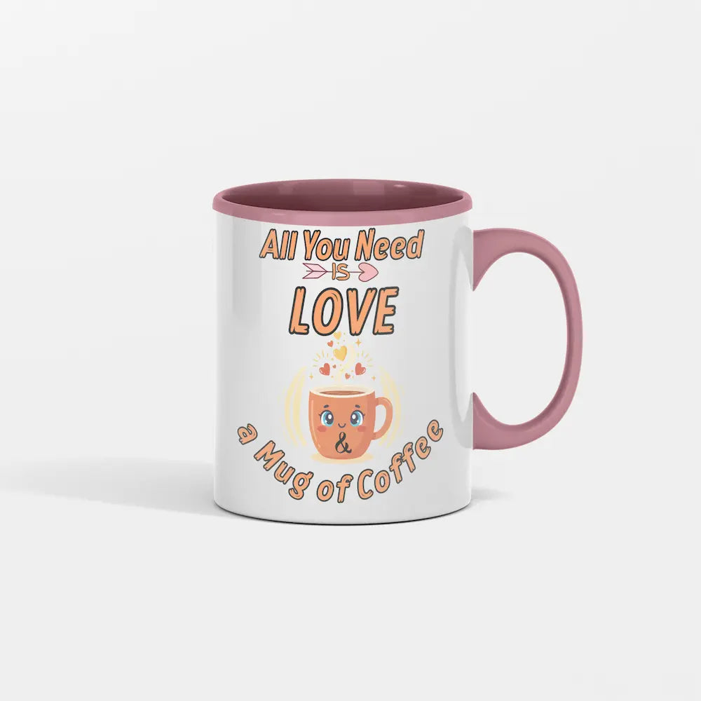 Typographic illustration featuring the phrase “All You Need Is Love & a Mug of Coffee” with a vintage coffee mug icon, warm neutral tones, and retro-inspired lettering