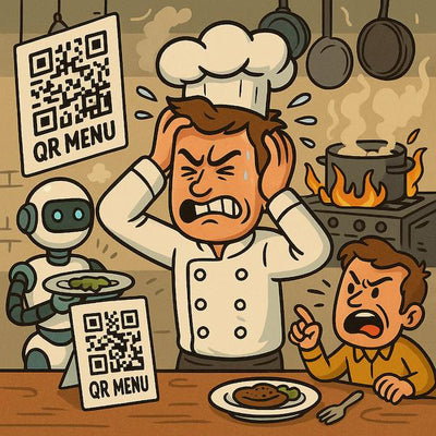 "Frustrated chef in a chaotic kitchen surrounded by QR code menus, angry customers, and a robot waiter."