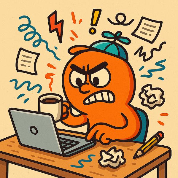 Cartoon-style creator smashing out a blog post on laptop with coffee, surrounded by mugs and product chaos—ready to create in 24 hours.