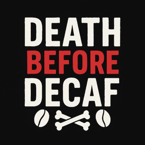 Bold white “Death Before Decaf” text on black background with subtle red accents and coffee bean icons