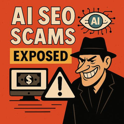 2D digital illustration showing bold capitalized letters spelling "SCAM" in red, surrounded by tangled wires and fake AI icons on a dark background