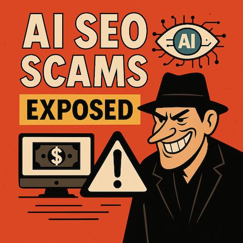 2D digital illustration showing bold capitalized letters spelling "SCAM" in red, surrounded by tangled wires and fake AI icons on a dark background