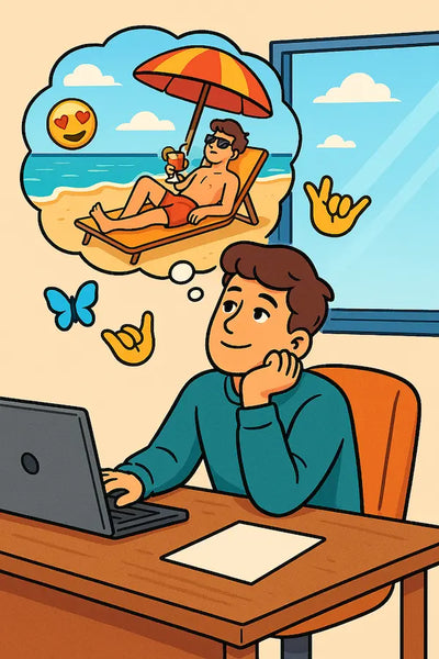 Gen Z cartoon worker daydreaming of the beach with cocktail, surrounded by playful emojis.