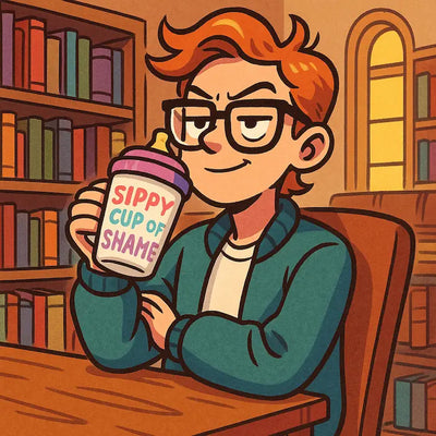 A ceramic mug labeled “Sippy Cup of Shame” in pastel block letters, held by a tired Gen Z person on a messy desk with coffee stains and crying emojis.