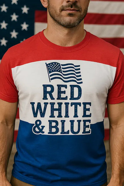 A red white and blue t-shirt with patriotic design