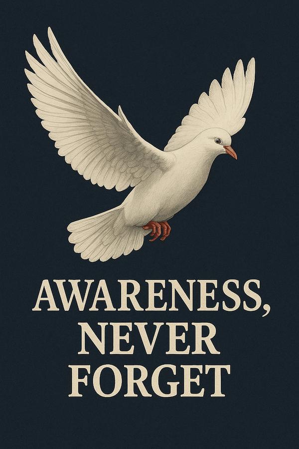 White dove flying with “Awareness, Never Forget” text, symbolizing cancer research and remembrance.