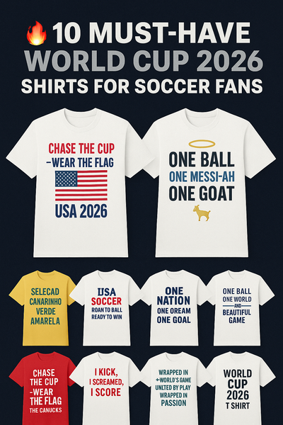 Image of 10 bold World Cup 2026 shirts from Teka Originals, featuring slogans like "Chase the Cup – USA 2026" and "One Messi-Ah – One GOAT."