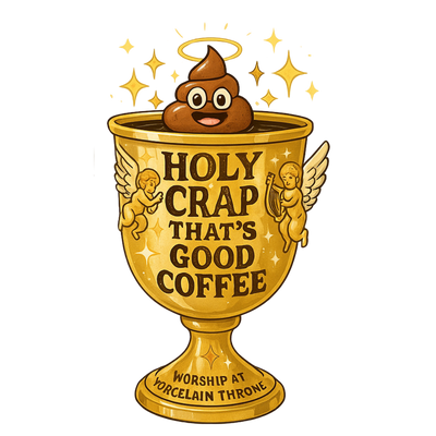 Gold ceramic coffee mug on a bathroom shelf with poop emoji design and funny slogan