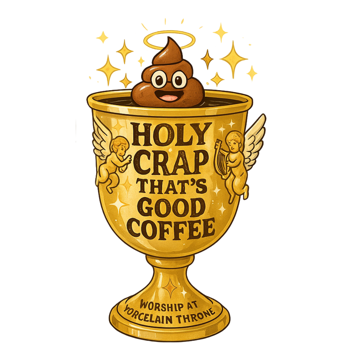 Gold ceramic coffee mug on a bathroom shelf with poop emoji design and funny slogan