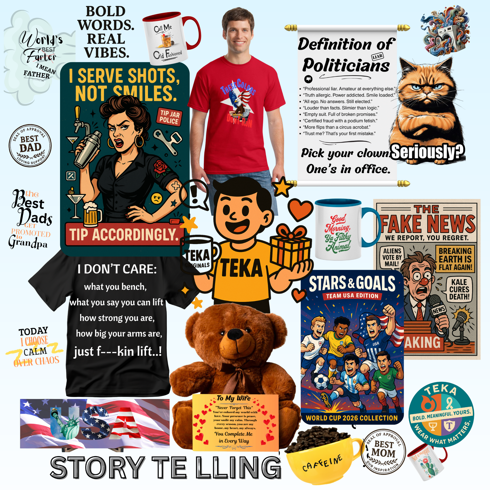 Humorous gift ideas in a flat lay style, featuring sarcastic mugs, tote bags, and message cards designed for subtle insults with a smile.