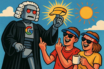 Cartoon of Google robot banning MASA and FUBAR visors while people laugh and flip it off. Satirical protest against algorithm absurdity.