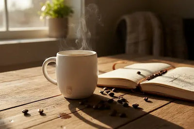 Ceramic coffee mug steaming on wooden table beside open journal and scattered coffee beans in morning sunlight.