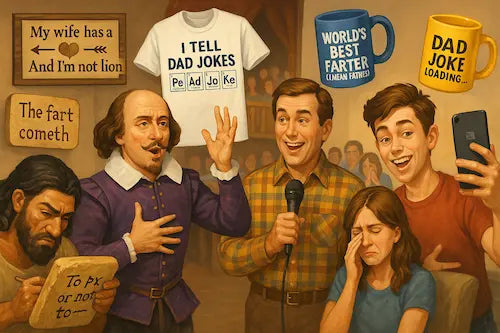 “Humorous montage of dad jokes through history, from ancient scrolls to 1970s sitcom dads to modern TikTok, with pun merchandise floating around.”