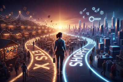 "Artist choosing between Etsy’s crowded marketplace and Shopify’s open creative path — symbolizing freedom, ownership, and the future of print-on-demand creators."