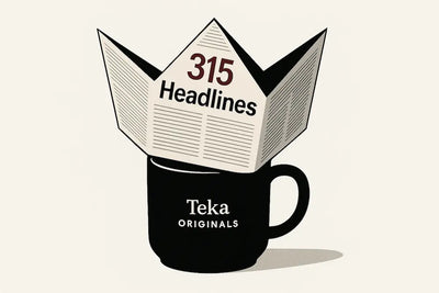“Minimalist illustration of a newspaper folded into a crown on a black coffee mug labeled ‘Teka Originals,’ with bold text ‘315 Headlines.’”