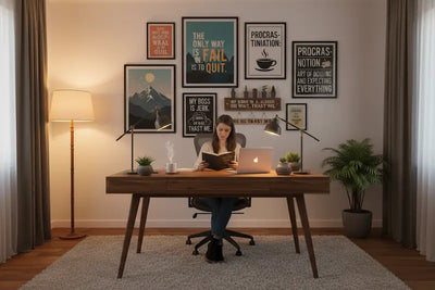 "Home office decorated with collectible posters and plaques, motivating and humorous, cozy setting"