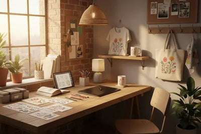 “Artisan print-on-demand studio workspace with hand-drawn illustrations and premium mockups.”