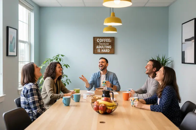 "Office coworkers laughing together with a funny plaque and coffee mugs in a bright, cheerful break room"
