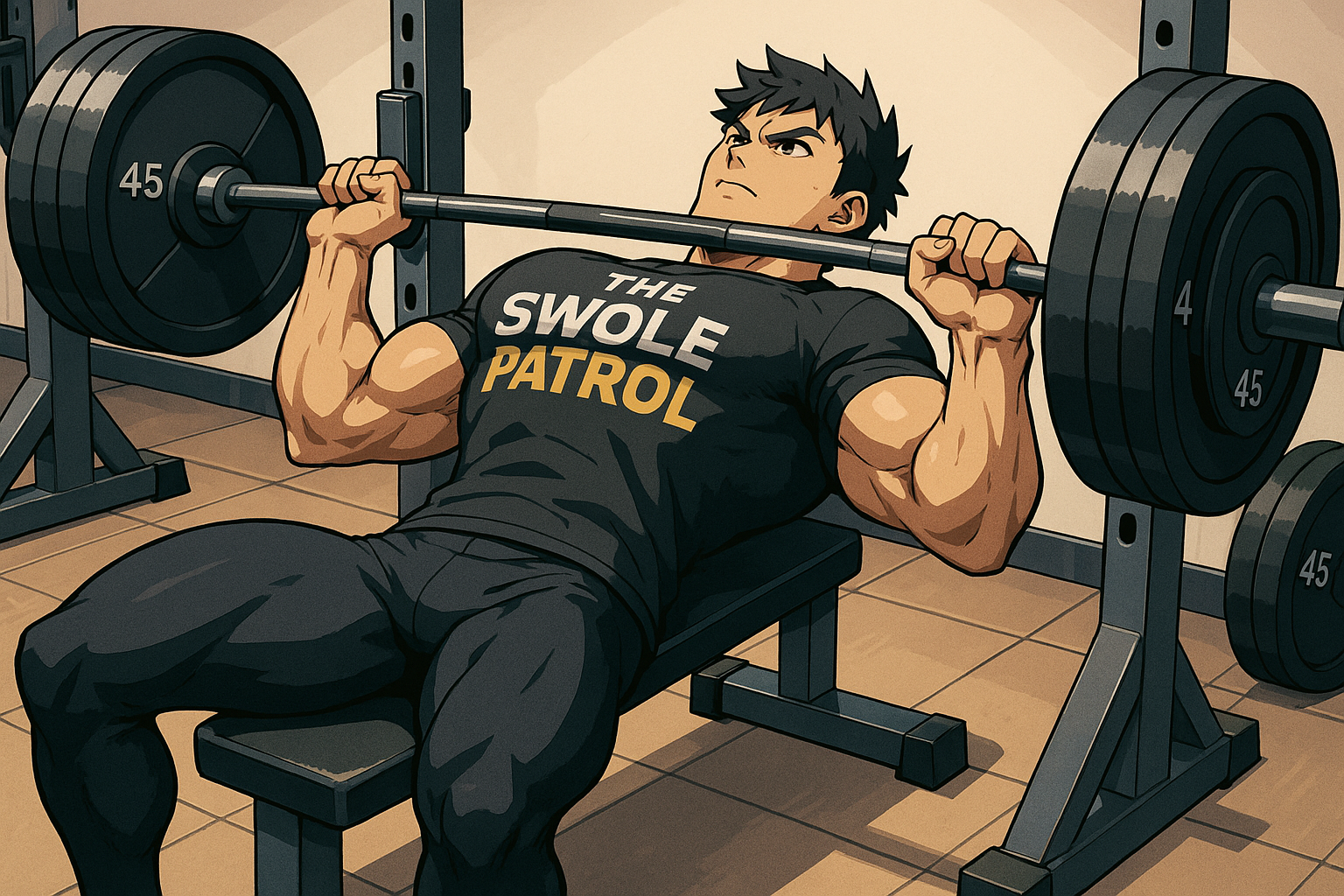 Athlete wearing The Swole Patrol gym wear — black compression leggings and performance T-shirt performing a bench press