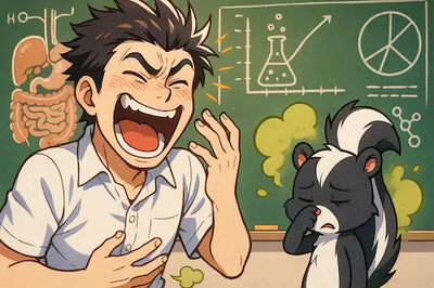 Humorous cartoon of a person laughing at a fart with science diagrams in the background