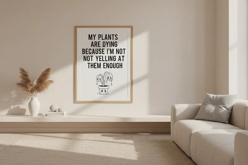 Humorous collectible poster displayed as modern wall decor in a stylish room