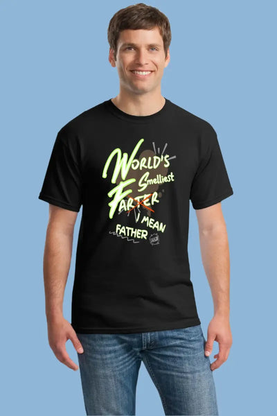 Close-up of “World’s Best Farter I Mean Father” t-shirt on laughing dad