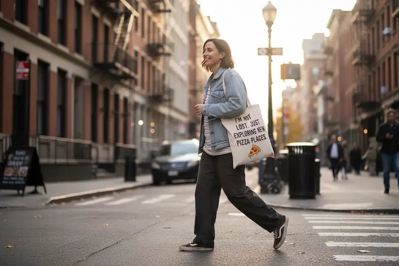 Person carrying a funny tote bag that adds personality to everyday errands