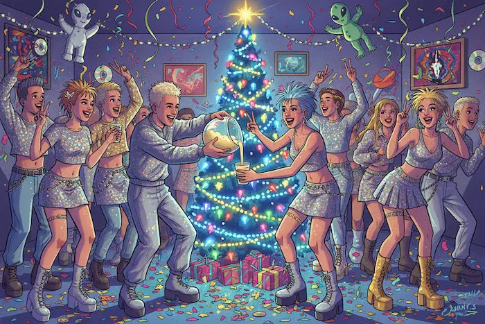 Early 2000s Y2K Christmas party scene with eggnog and festive lights.