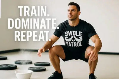 “Bold lifter wearing Swole Patrol gym hoodie, flexing in a gritty gym with dumbbells and chains in the background.”