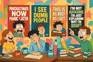"Anime-style room with funny, sarcastic Teka Originals posters and cartoon characters reacting."