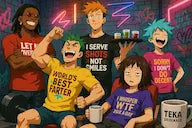 "Anime group wearing funny Teka Originals slogan T-shirts in a bold, comic lifestyle scene."