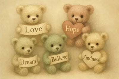 Collection of teddy bears with personalized messages and thoughtful designs, perfect for gifting and special occasions.