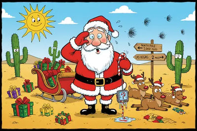 Santa standing in a random desert, holding a melted candy cane GPS, sleigh parked sideways, reindeer napping, gifts scattered