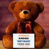 Brown teddy bear with a sign that reads 'Strong mind, soft heart, fierce soul' on a blurred background.