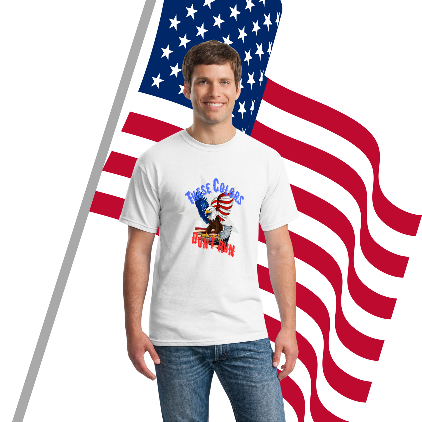 A patriotic graphic T-shirt with bold text reading “These Colors Don’t Run – Land of the Brave,” featuring American flag elements.