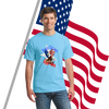 A patriotic graphic T-shirt with bold text reading “These Colors Don’t Run – Land of the Brave,” featuring American flag elements.