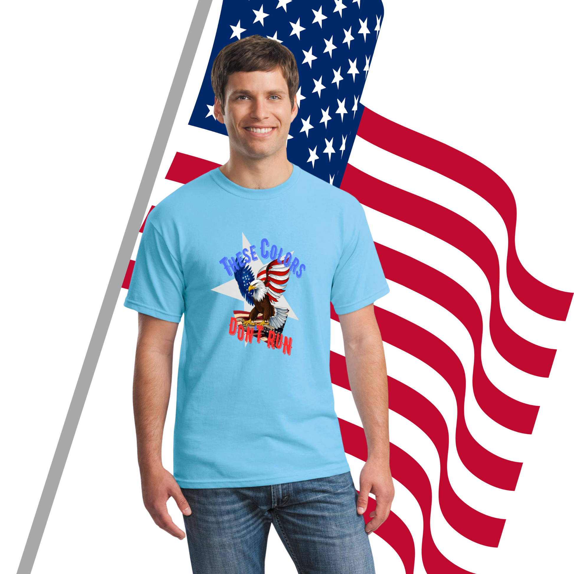 A patriotic graphic T-shirt with bold text reading “These Colors Don’t Run – Land of the Brave,” featuring American flag elements.