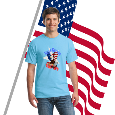 A patriotic graphic T-shirt with bold text reading “These Colors Don’t Run – Land of the Brave,” featuring American flag elements.