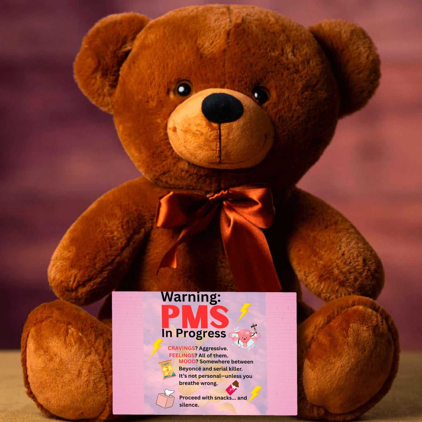 Bold comic-style PMS warning card with a pink storm background, cartoon icons like thunderclouds, chocolate bars, and explosive emojis, delivering a humorous and edgy message.