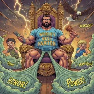 Man on a throne with 'World's Best Farter' shirt, surrounded by children and action elements.