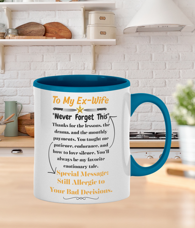 Funny white ceramic mug that says "Thanks for the Drama, Debra. To My Ex-Wife" in bold text – ideal sarcastic breakup gift