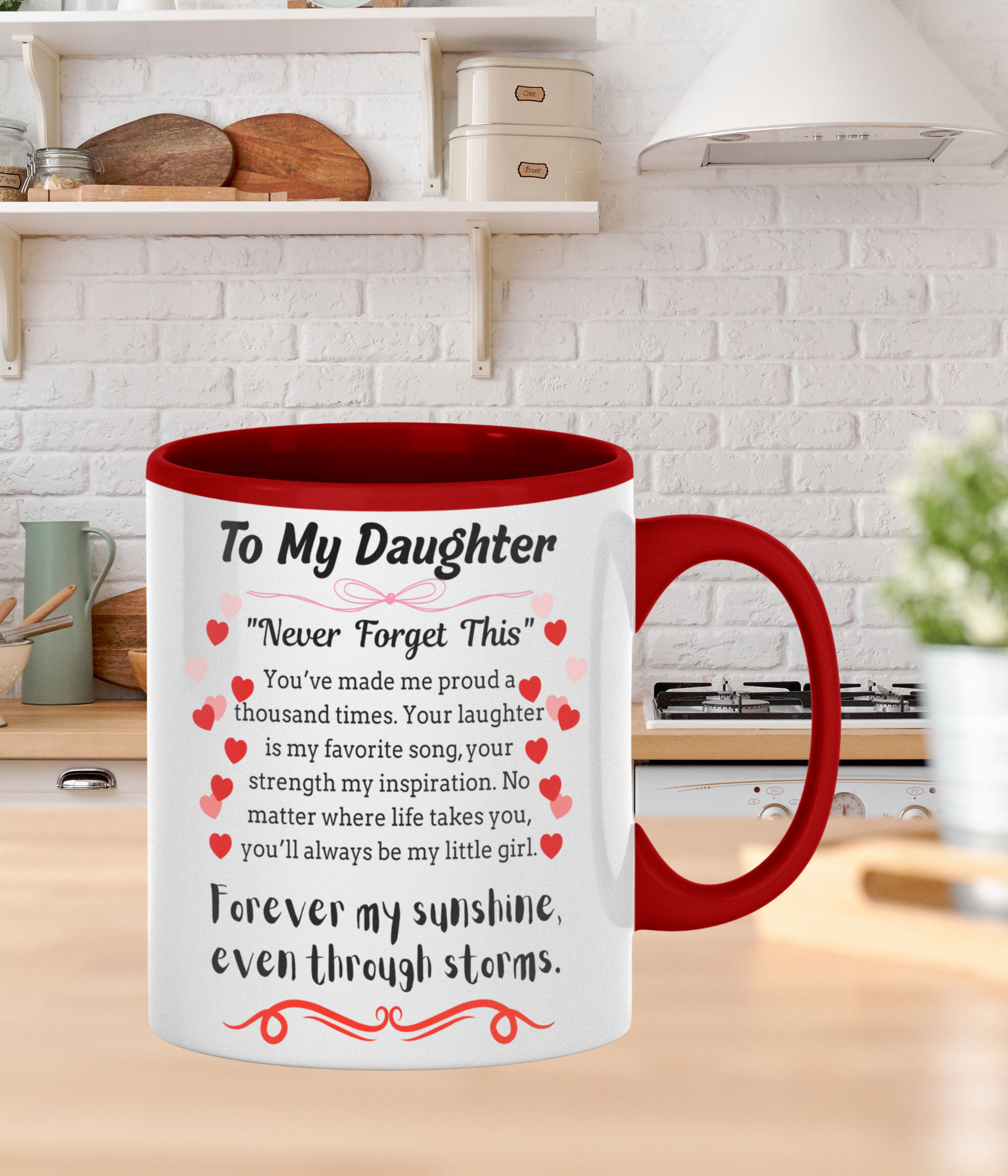 Inspirational poem plaque titled "To My Daughter – My Brightest Light" with floral and playful cartoon elements and a loving message.