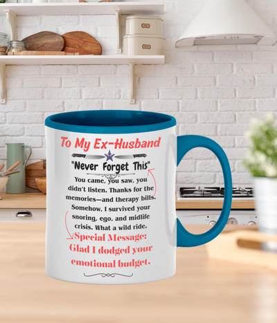 White ceramic mug with bold black text that reads “Should’ve Swiped Left – To My Ex-Husbands,” a funny and edgy gift for divorced women or best friends.