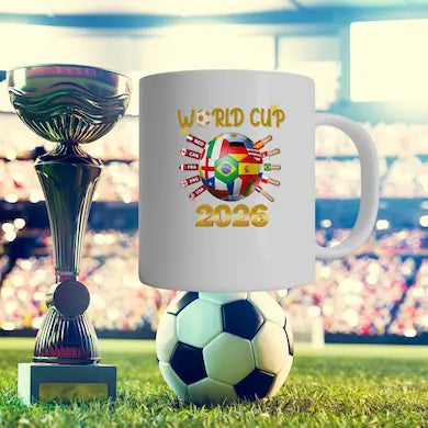 "World Cup 2026 Mug – One Ball One World ceramic fan gift inspired by Trionda match ball design"