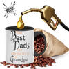 A white mug with the text 'The Best Dads Get Promoted to Grandpa' is displayed alongside a gold-colored fuel pump dispensing coffee beans into the mug, symbolizing fueling the next generation.