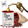 A white mug with the text 'The Best Dads Get Promoted to Grandpa' is displayed alongside a gold-colored fuel pump dispensing coffee beans into the mug, symbolizing fueling the next generation.