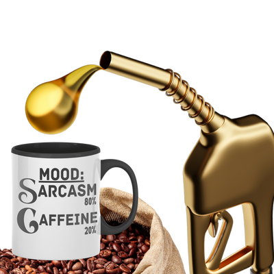 White ceramic coffee mug reading “Mood: Sarcasm 80% Caffeine 20%” in bold black lettering, sitting on a wooden desk beside a laptop and notebook.