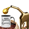 White ceramic coffee mug reading “Mood: Sarcasm 80% Caffeine 20%” in bold black lettering, sitting on a wooden desk beside a laptop and notebook.