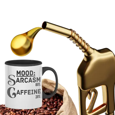 White ceramic coffee mug reading “Mood: Sarcasm 80% Caffeine 20%” in bold black lettering, sitting on a wooden desk beside a laptop and notebook.