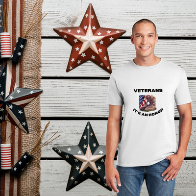 Patriotic design featuring bold lettering and military-inspired elements with the phrase “Veterans – It’s An Honor,” honoring those who served in the armed forces.